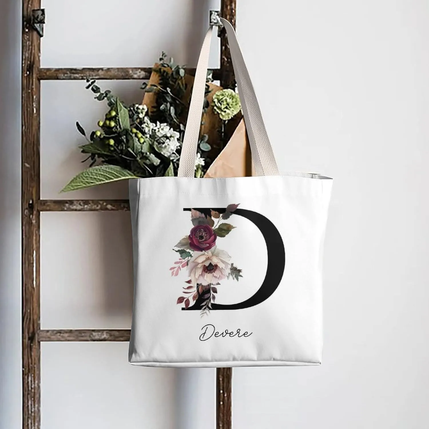 Personalized Canvas Tote Bag with Capital Initial Vintage Flowers, Custom Name Gifts for Women Birthday Mother's Day
