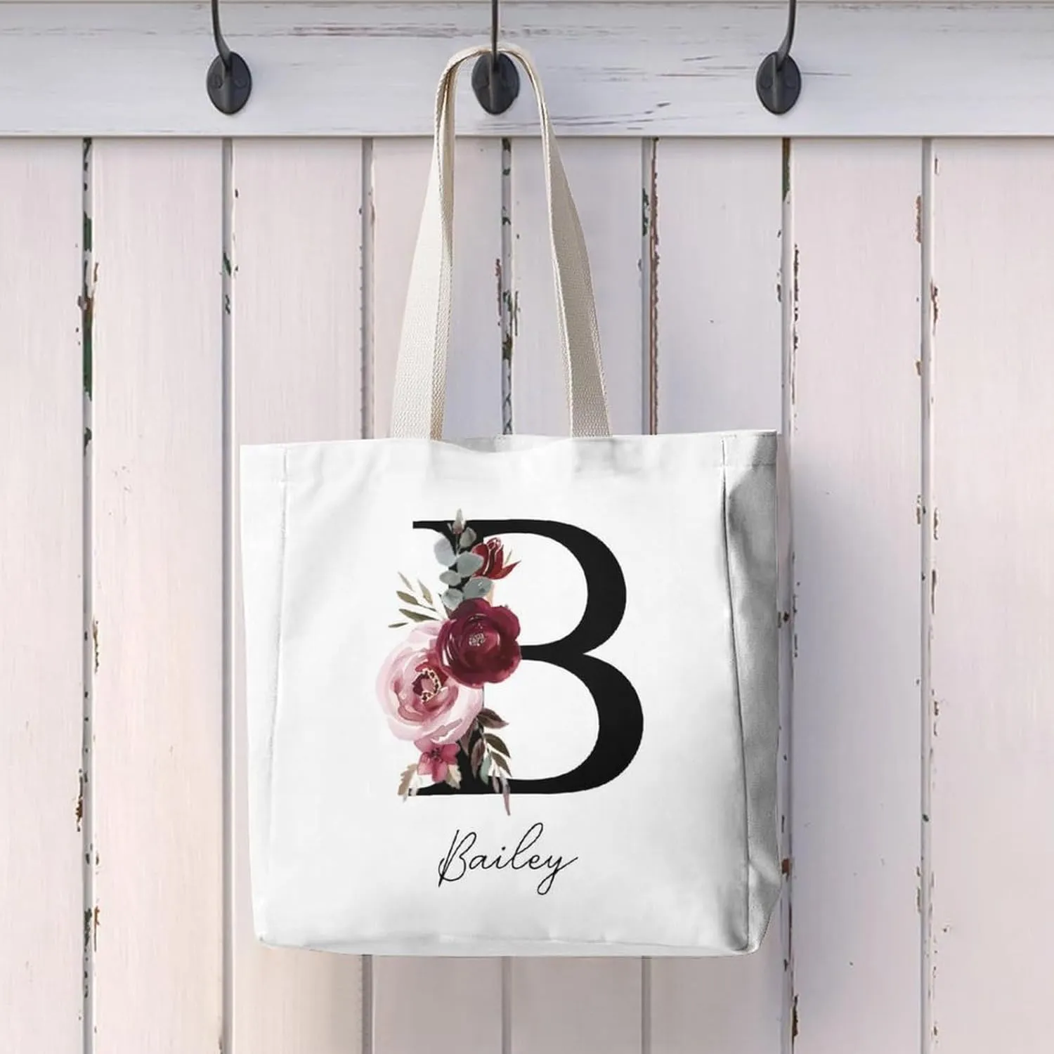 Personalized Canvas Tote Bag with Capital Initial Vintage Flowers, Custom Name Gifts for Women Birthday Mother's Day