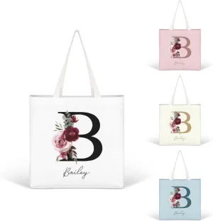 Personalized Canvas Tote Bag with Capital Initial Vintage Flowers, Custom Name Gifts for Women Birthday Mother's Day