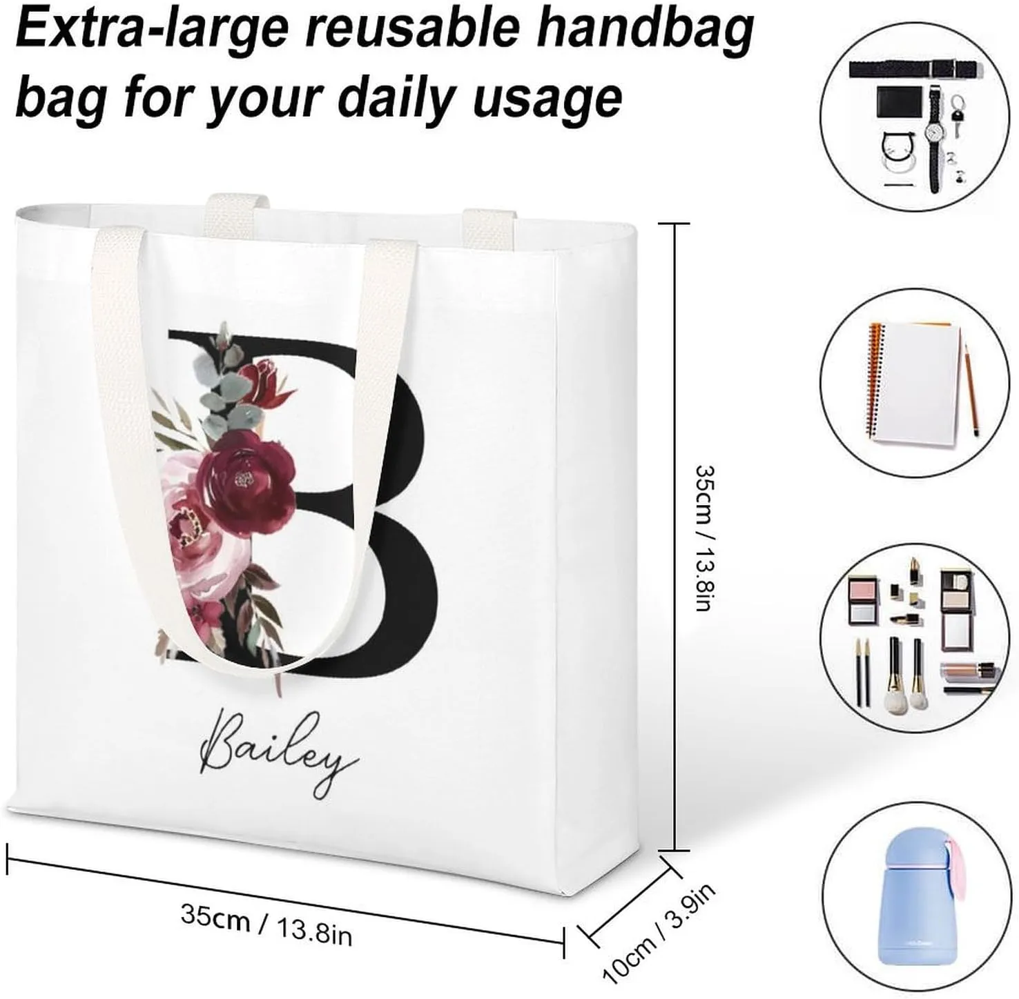Personalized Canvas Tote Bag with Capital Initial Vintage Flowers, Custom Name Gifts for Women Birthday Mother's Day