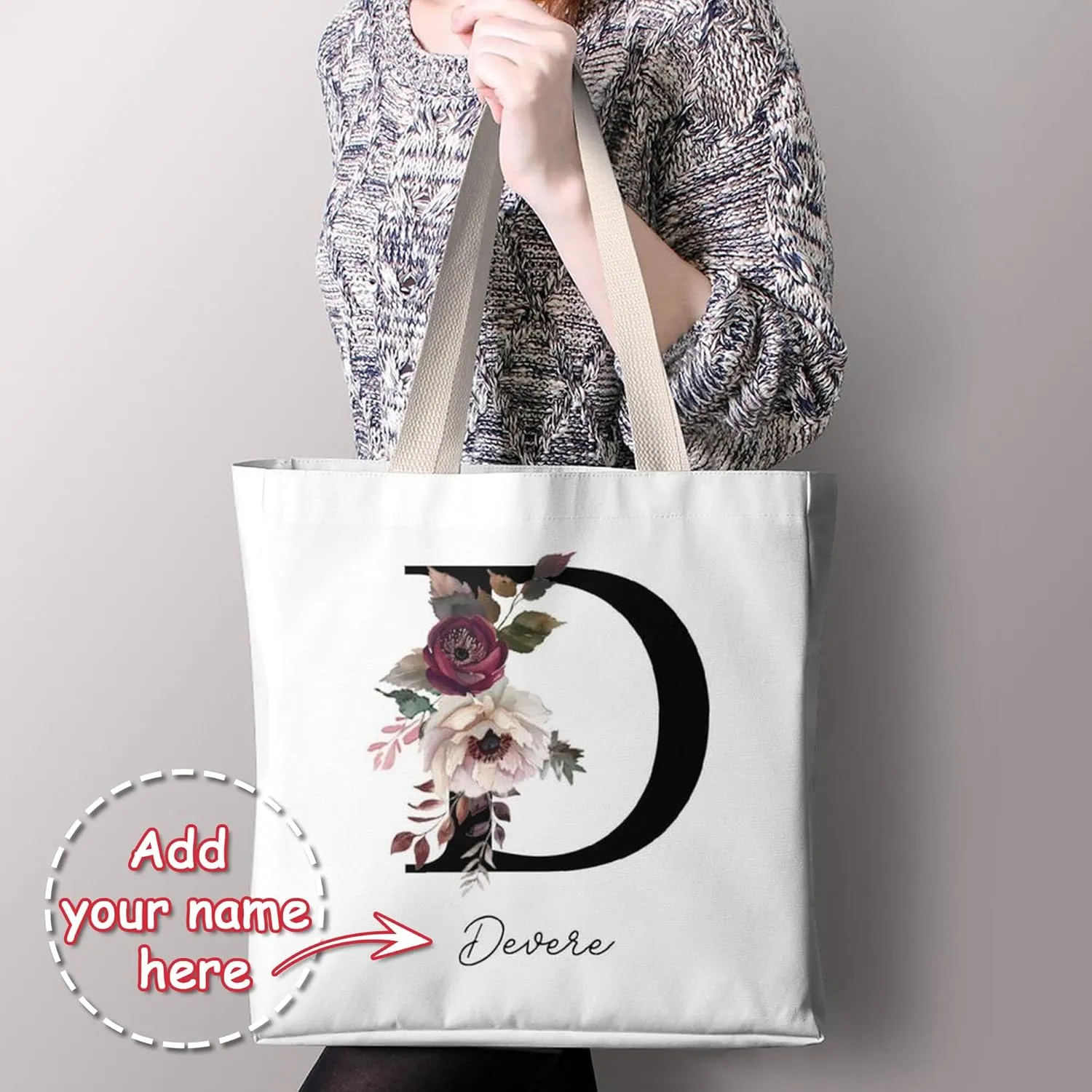 Personalized Canvas Tote Bag with Capital Initial Vintage Flowers, Custom Name Gifts for Women Birthday Mother's Day