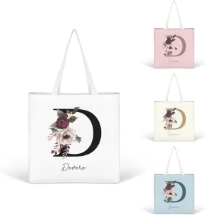Personalized Canvas Tote Bag with Capital Initial Vintage Flowers, Custom Name Gifts for Women Birthday Mother's Day