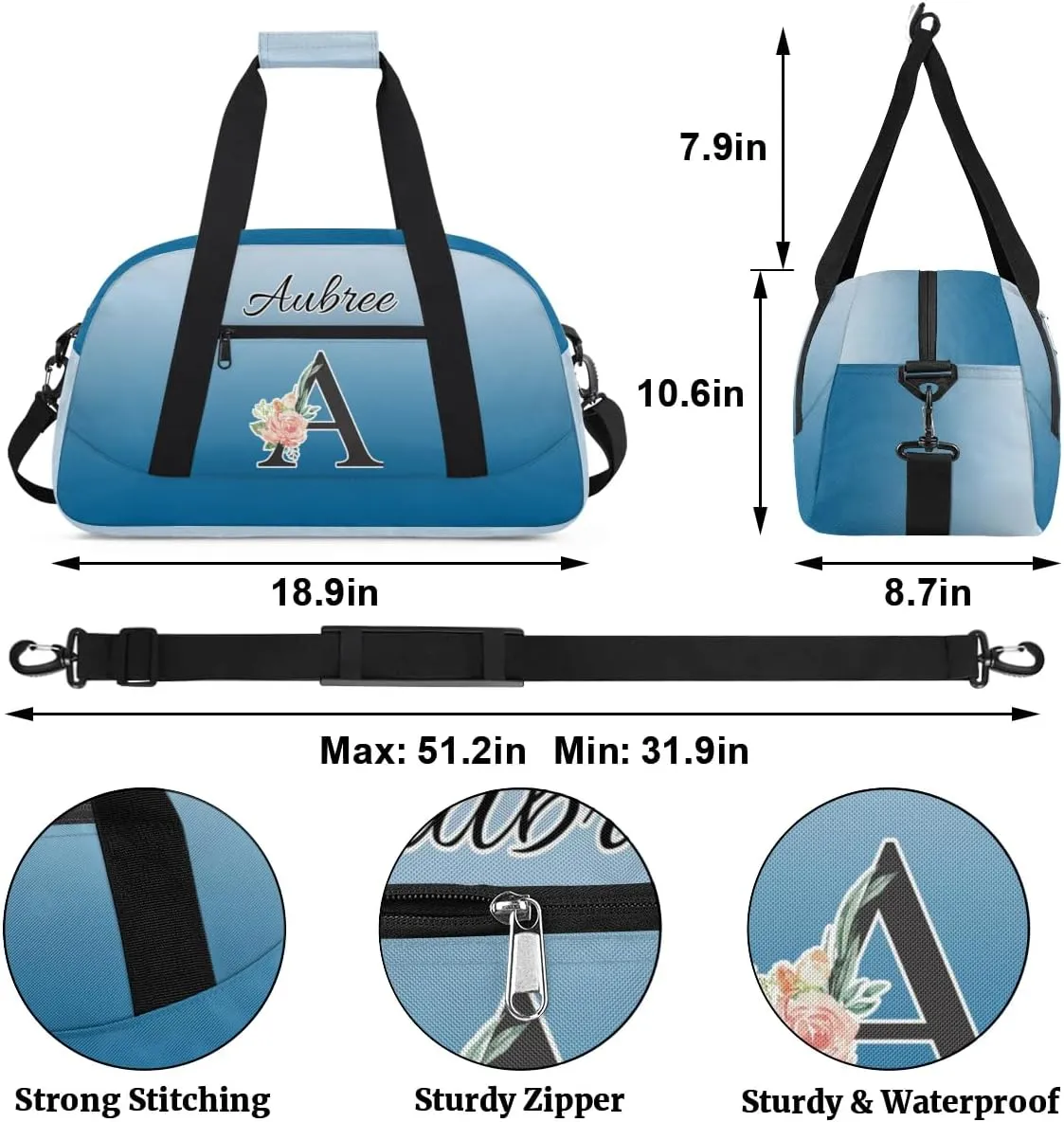 Personalized Initial Duffel Bags, Cusotm Sports Gym Bag Monogrammed Custom Travel Overnight Weekender Bag for Women Men with Name, Blue Gradient Custom Gifts