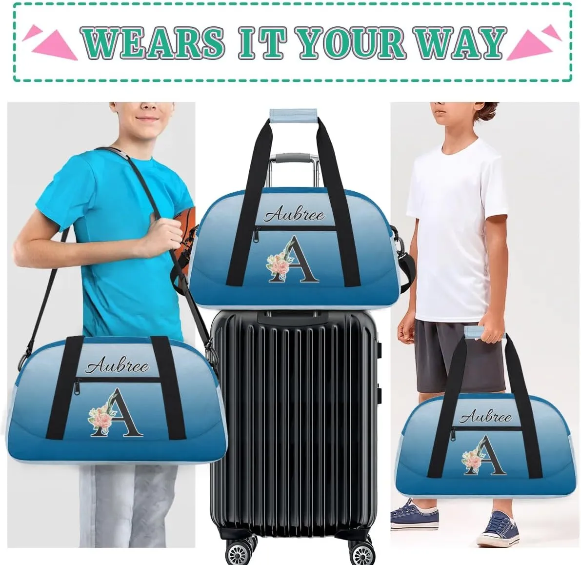 Personalized Initial Duffel Bags, Cusotm Sports Gym Bag Monogrammed Custom Travel Overnight Weekender Bag for Women Men with Name, Blue Gradient Custom Gifts
