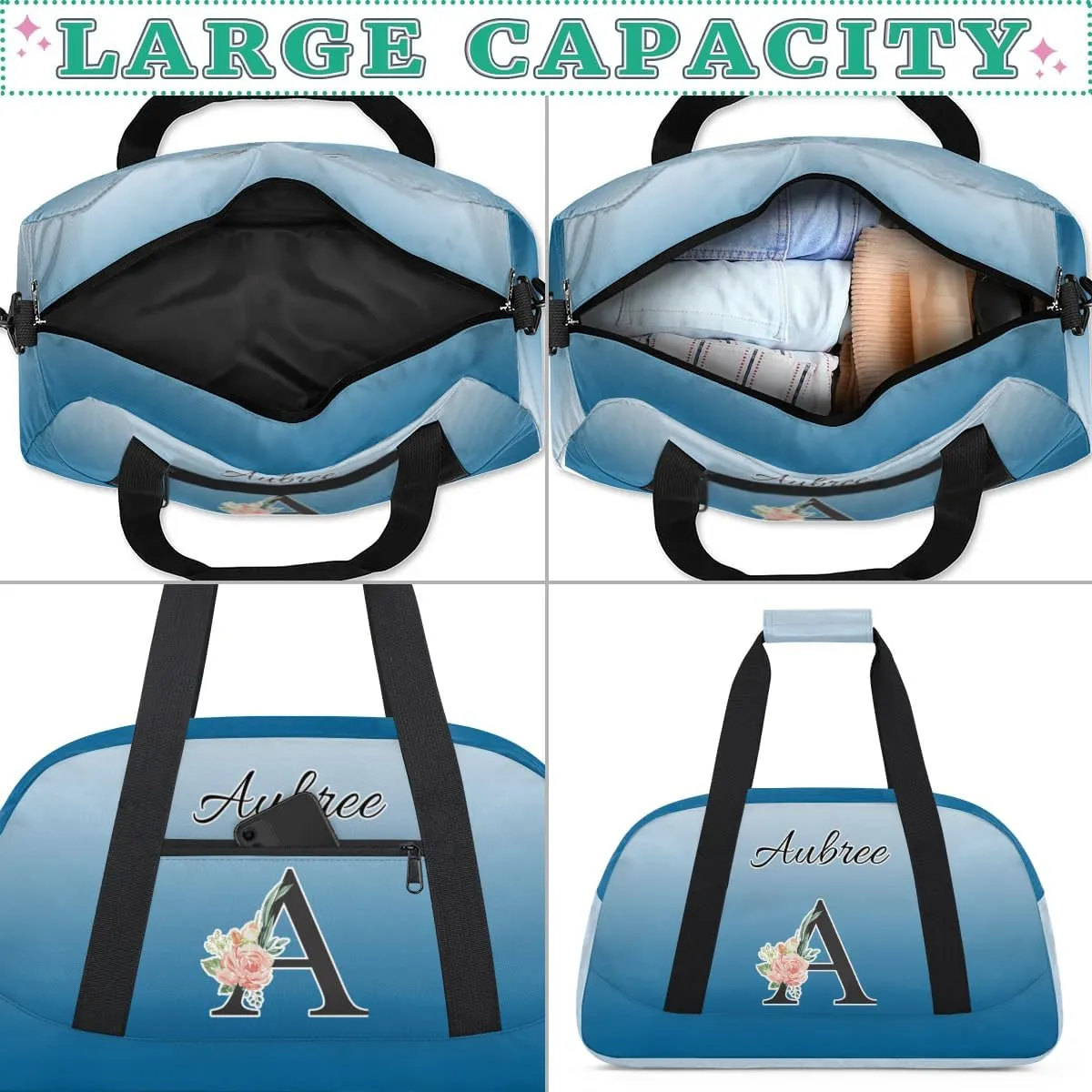 Personalized Initial Duffel Bags, Cusotm Sports Gym Bag Monogrammed Custom Travel Overnight Weekender Bag for Women Men with Name, Blue Gradient Custom Gifts