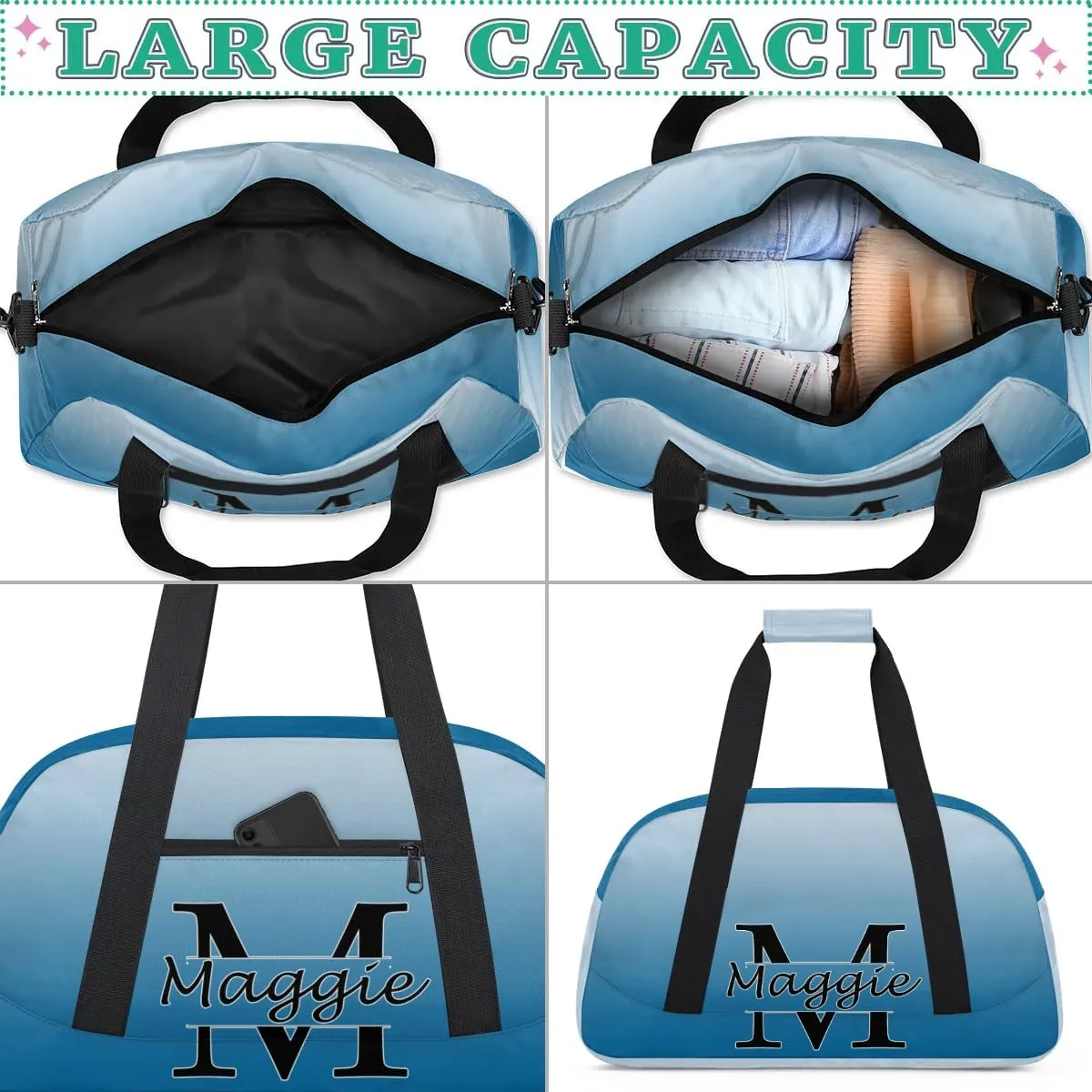 Personalized Initial Duffel Bags, Cusotm Sports Gym Bag Monogrammed Custom Travel Overnight Weekender Bag for Women Men with Name, Blue Gradient