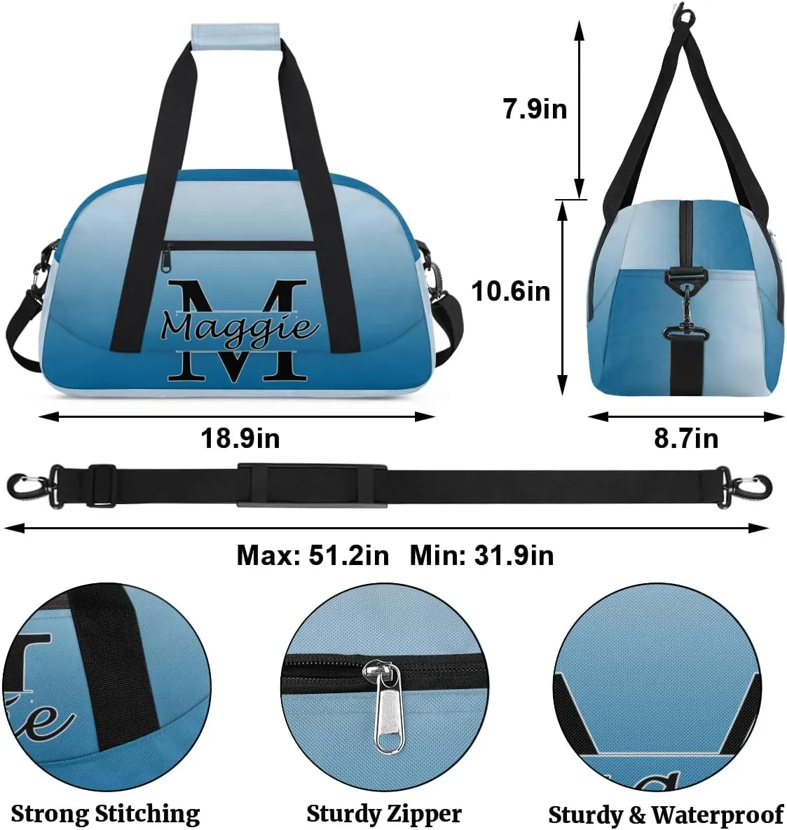 Personalized Initial Duffel Bags, Cusotm Sports Gym Bag Monogrammed Custom Travel Overnight Weekender Bag for Women Men with Name, Blue Gradient