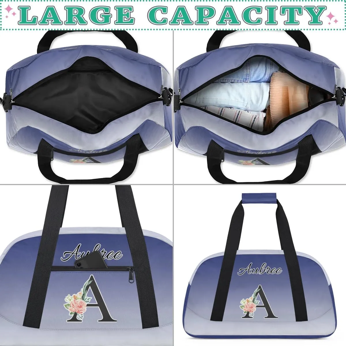 Personalized Initial Duffel Bags, Cusotm Sports Gym Bag Monogrammed Custom Travel Overnight Weekender Bag for Women Men with Name, Cobalt Blue Gradient Custom Gifts