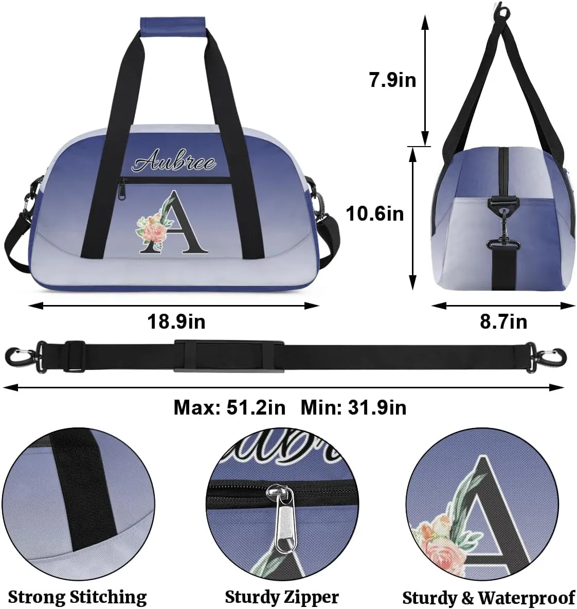 Personalized Initial Duffel Bags, Cusotm Sports Gym Bag Monogrammed Custom Travel Overnight Weekender Bag for Women Men with Name, Cobalt Blue Gradient Custom Gifts