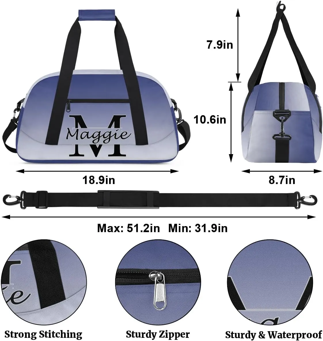 Personalized Initial Duffel Bags, Cusotm Sports Gym Bag Monogrammed Custom Travel Overnight Weekender Bag for Women Men with Name, Cobalt Blue Gradient