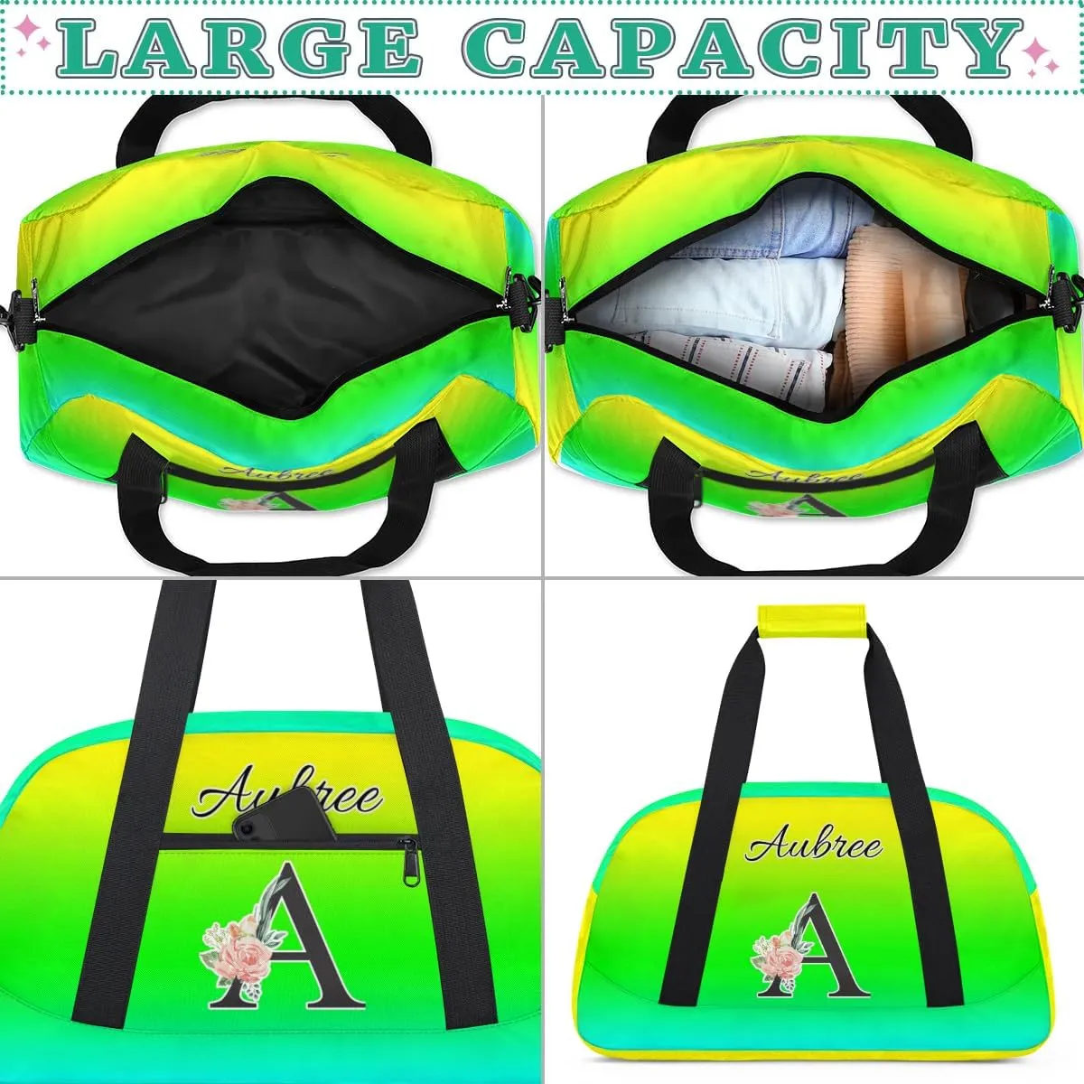 Personalized Initial Duffel Bags, Cusotm Sports Gym Bag Monogrammed Custom Travel Overnight Weekender Bag for Women Men with Name, Green Yellow Gradient Custom Gifts