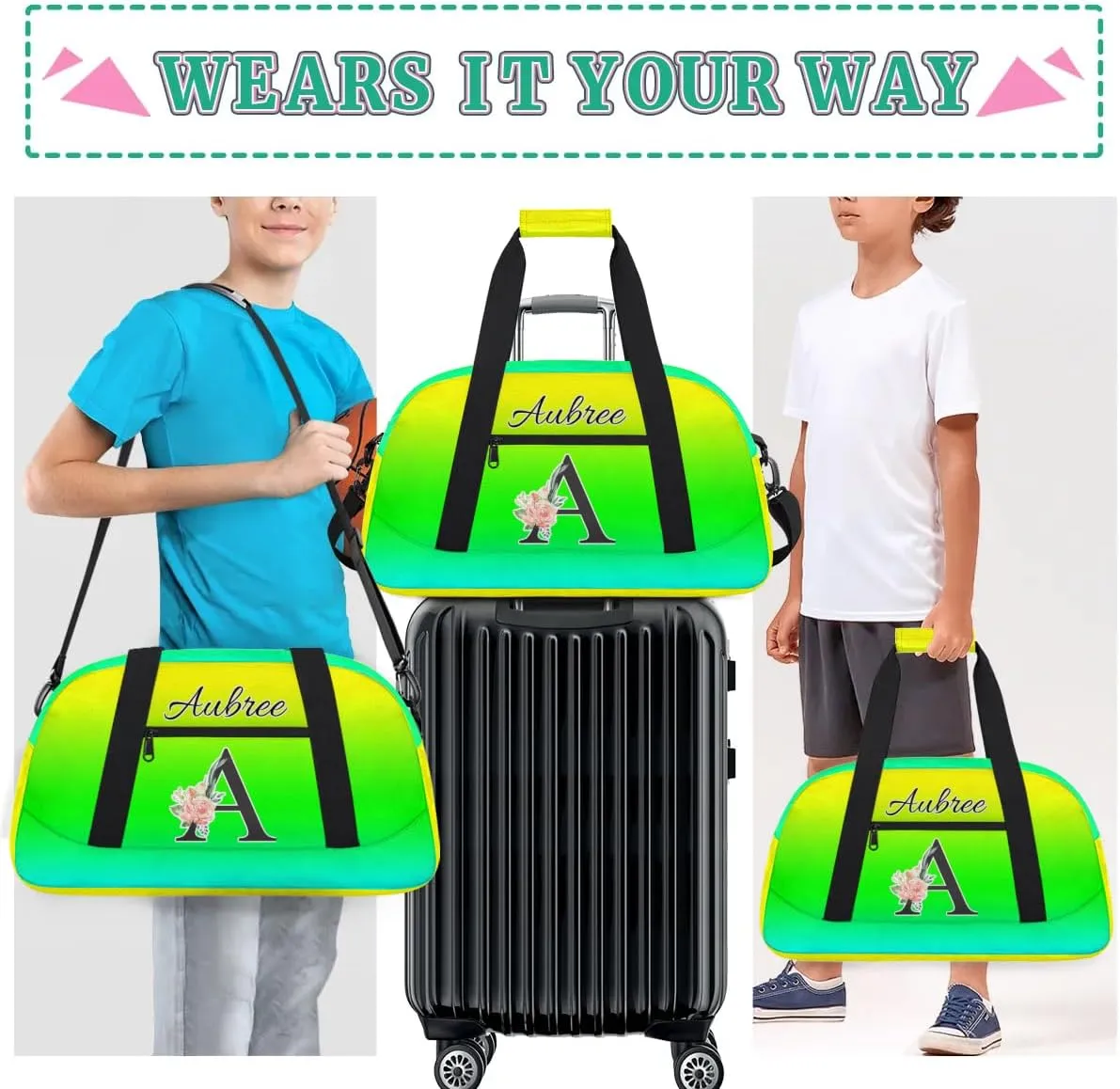 Personalized Initial Duffel Bags, Cusotm Sports Gym Bag Monogrammed Custom Travel Overnight Weekender Bag for Women Men with Name, Green Yellow Gradient Custom Gifts