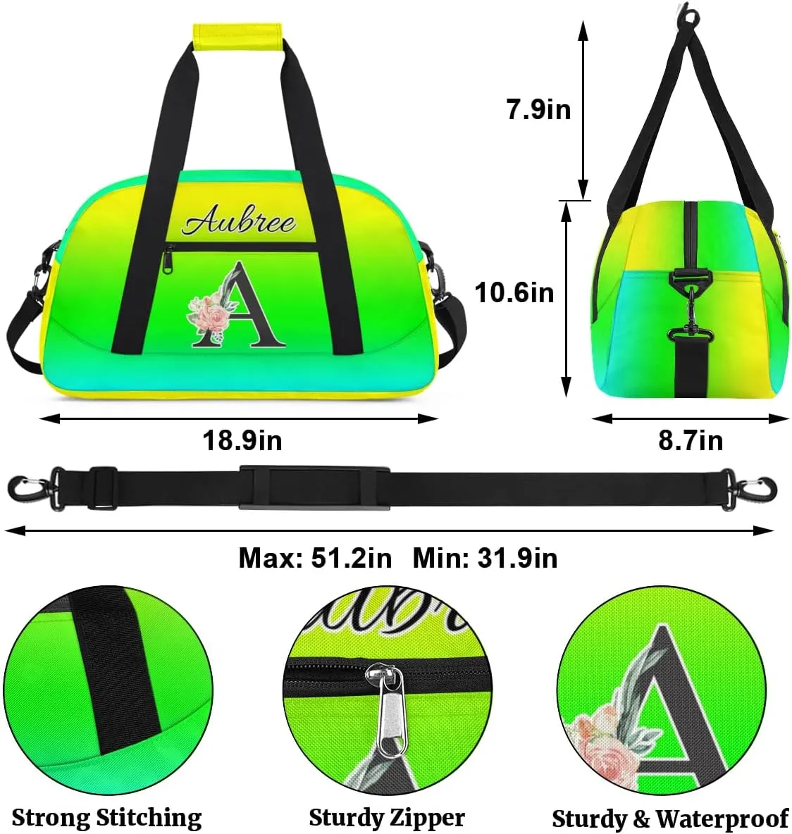 Personalized Initial Duffel Bags, Cusotm Sports Gym Bag Monogrammed Custom Travel Overnight Weekender Bag for Women Men with Name, Green Yellow Gradient Custom Gifts