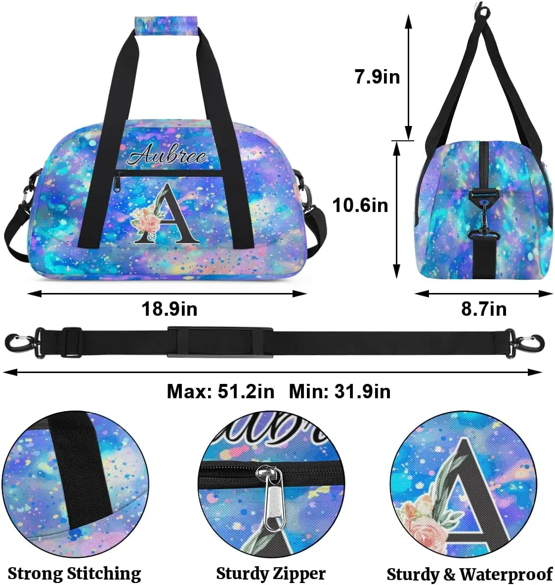 Personalized Initial Duffel Bags, Cusotm Sports Gym Bag Monogrammed Custom Travel Overnight Weekender Bag for Women Men with Name, Pieces Glitter Custom Gifts