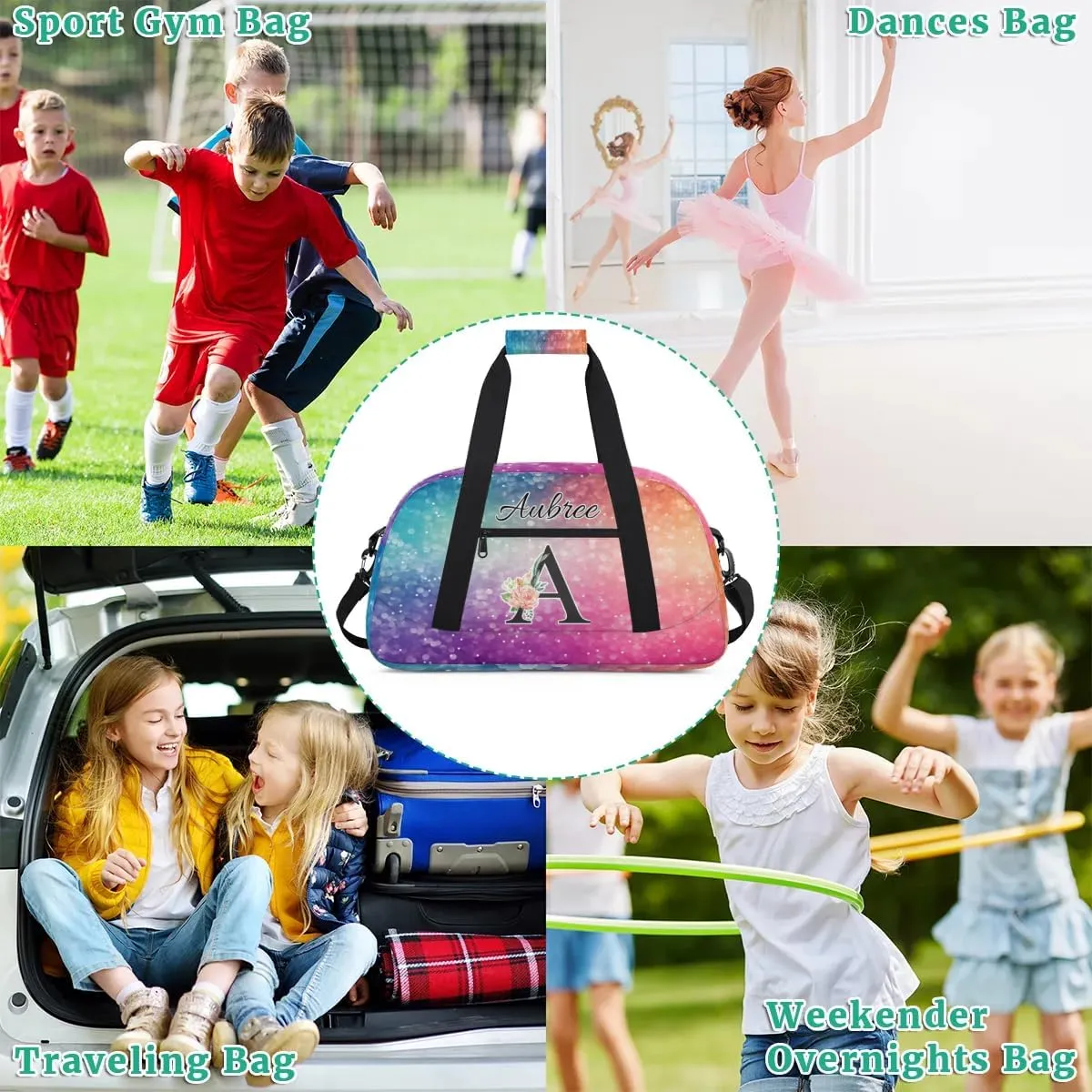 Personalized Initial Duffel Bags, Cusotm Sports Gym Bag Monogrammed Custom Travel Overnight Weekender Bag for Women Men with Name, Rainbow Glitter Sparkle Custom Gifts
