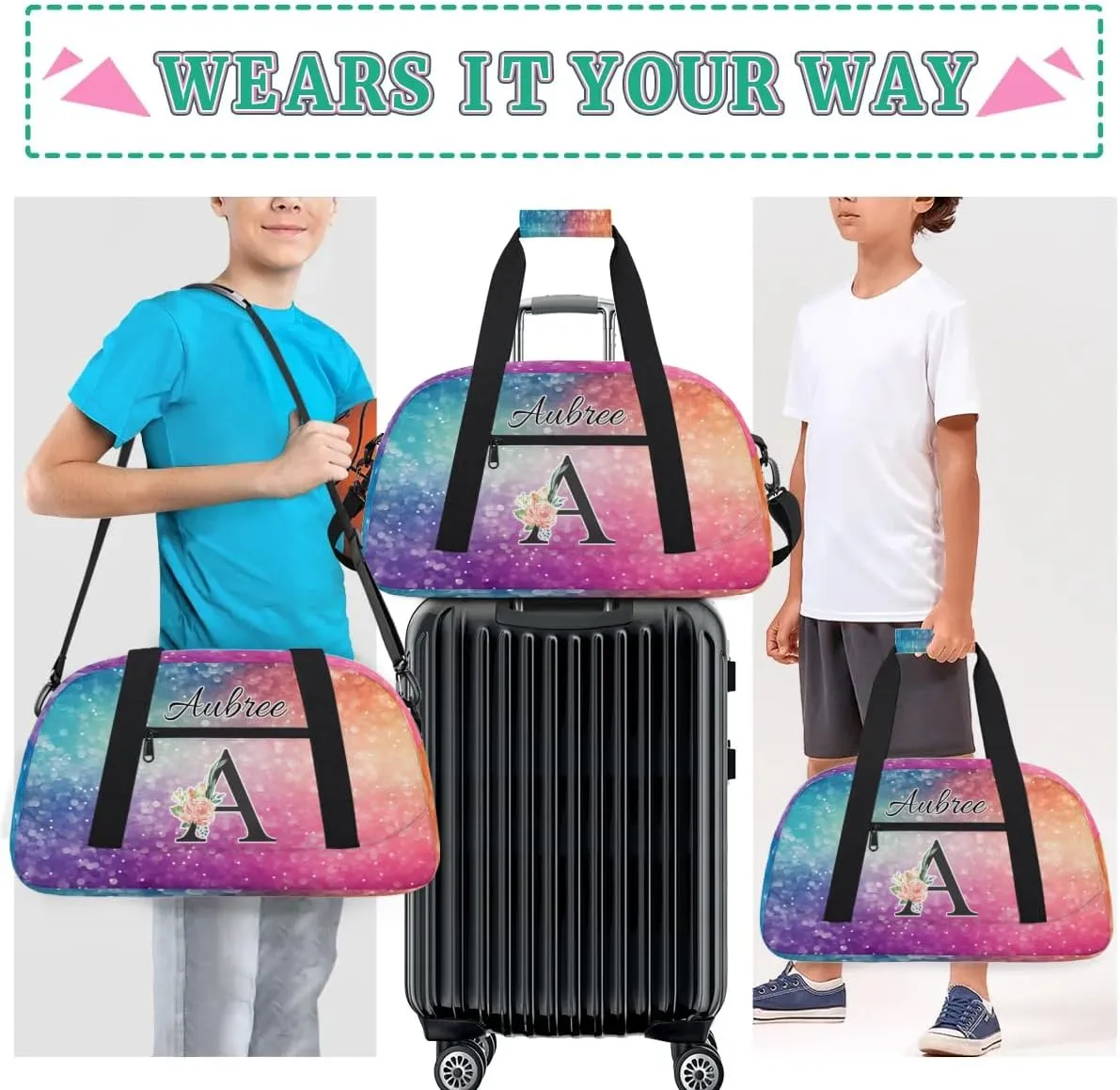Personalized Initial Duffel Bags, Cusotm Sports Gym Bag Monogrammed Custom Travel Overnight Weekender Bag for Women Men with Name, Rainbow Glitter Sparkle Custom Gifts
