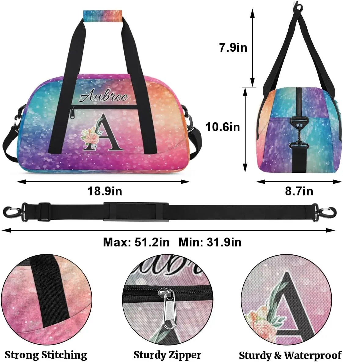 Personalized Initial Duffel Bags, Cusotm Sports Gym Bag Monogrammed Custom Travel Overnight Weekender Bag for Women Men with Name, Rainbow Glitter Sparkle Custom Gifts