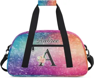 Personalized Initial Duffel Bags, Cusotm Sports Gym Bag Monogrammed Custom Travel Overnight Weekender Bag for Women Men with Name, Rainbow Glitter Sparkle Custom Gifts