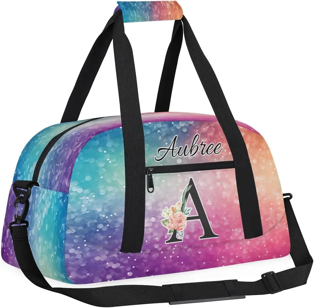 Personalized Initial Duffel Bags, Cusotm Sports Gym Bag Monogrammed Custom Travel Overnight Weekender Bag for Women Men with Name, Rainbow Glitter Sparkle Custom Gifts