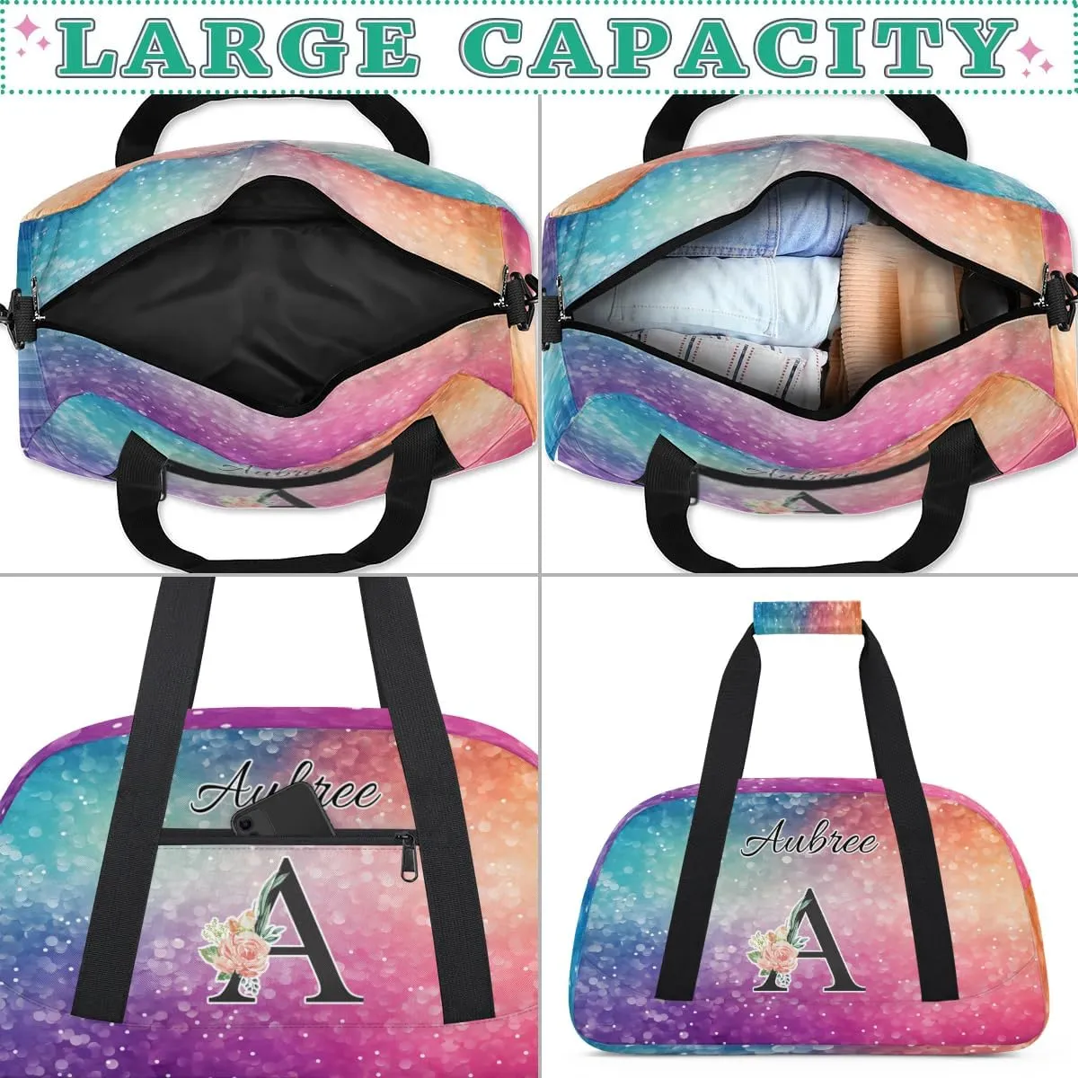 Personalized Initial Duffel Bags, Cusotm Sports Gym Bag Monogrammed Custom Travel Overnight Weekender Bag for Women Men with Name, Rainbow Glitter Sparkle Custom Gifts