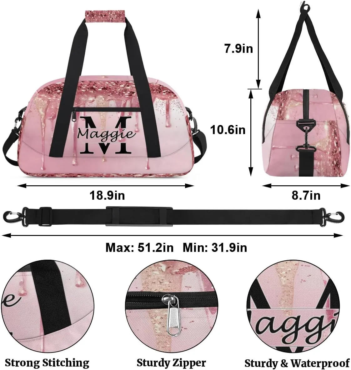 Personalized Initial Name Duffel Bags, Cusotmized Monogrammed Sports Gym Bag Custom Travel Overnight Weekender Bag for Women Men with Name, Custom Gifts, Fluids Pink