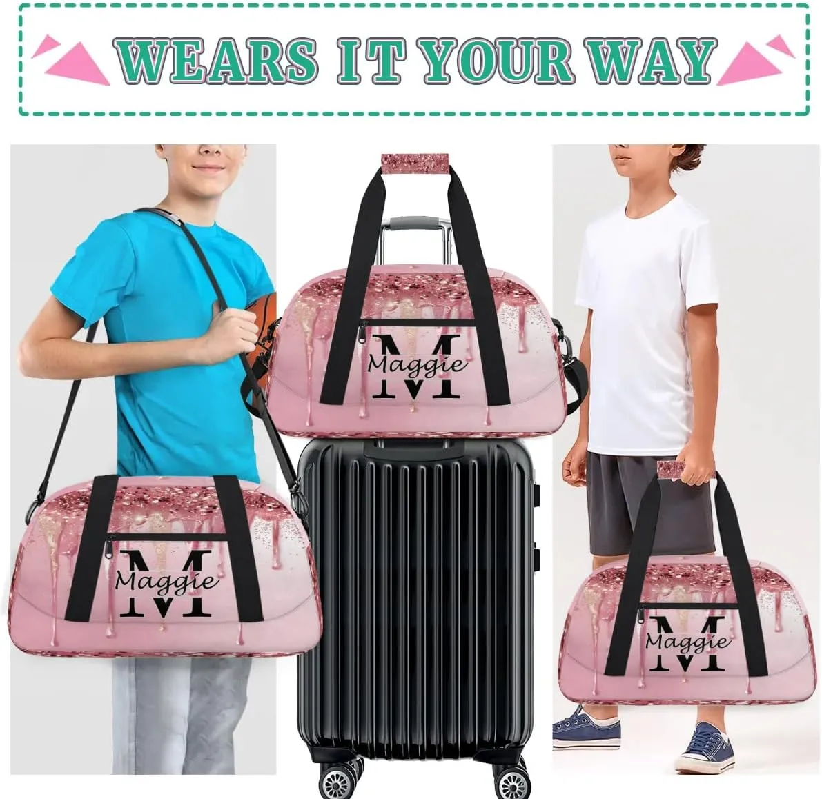 Personalized Initial Name Duffel Bags, Cusotmized Monogrammed Sports Gym Bag Custom Travel Overnight Weekender Bag for Women Men with Name, Custom Gifts, Fluids Pink