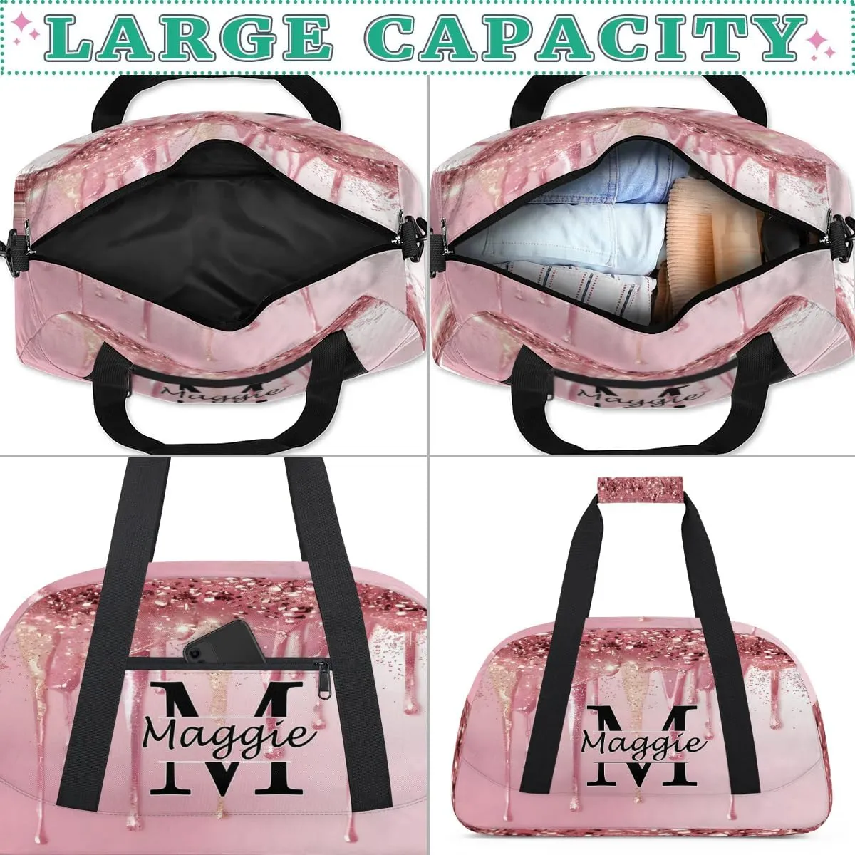 Personalized Initial Name Duffel Bags, Cusotmized Monogrammed Sports Gym Bag Custom Travel Overnight Weekender Bag for Women Men with Name, Custom Gifts, Fluids Pink