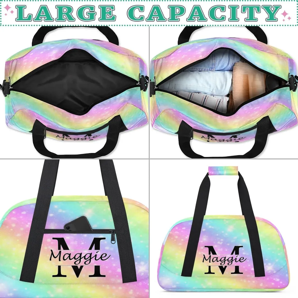 Personalized Initial Name Duffel Bags, Cusotmized Monogrammed Sports Gym Bag Custom Travel Overnight Weekender Bag for Women Men with Name, Custom Gifts, Glitter Rainbow Print