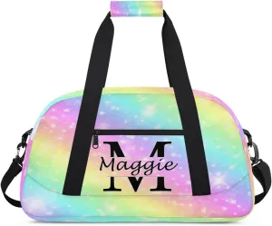 Personalized Initial Name Duffel Bags, Cusotmized Monogrammed Sports Gym Bag Custom Travel Overnight Weekender Bag for Women Men with Name, Custom Gifts, Glitter Rainbow Print