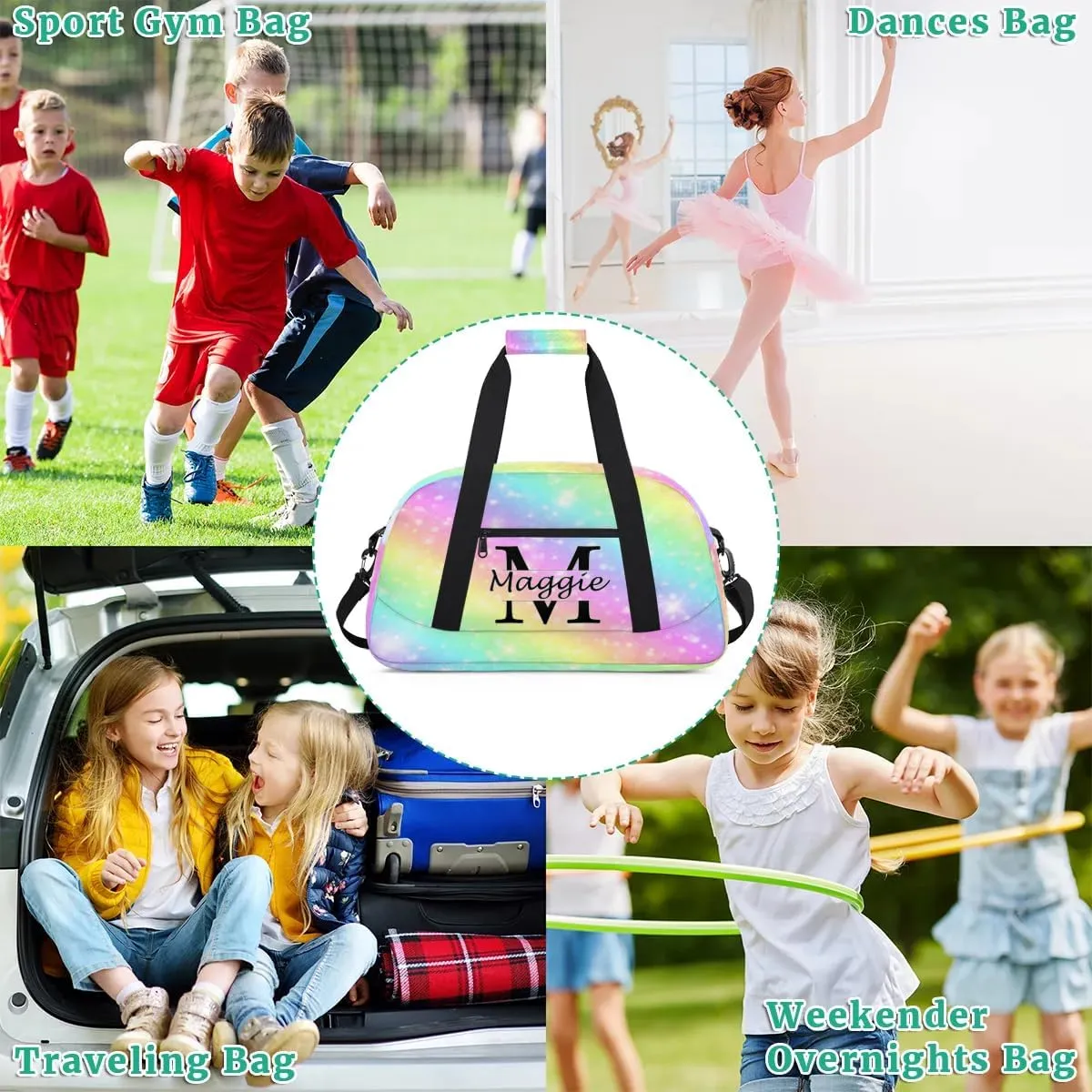 Personalized Initial Name Duffel Bags, Cusotmized Monogrammed Sports Gym Bag Custom Travel Overnight Weekender Bag for Women Men with Name, Custom Gifts, Glitter Rainbow Print
