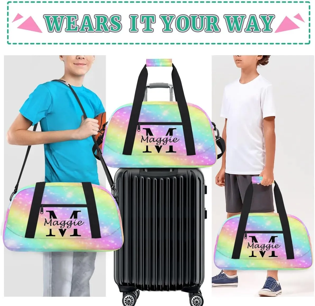 Personalized Initial Name Duffel Bags, Cusotmized Monogrammed Sports Gym Bag Custom Travel Overnight Weekender Bag for Women Men with Name, Custom Gifts, Glitter Rainbow Print