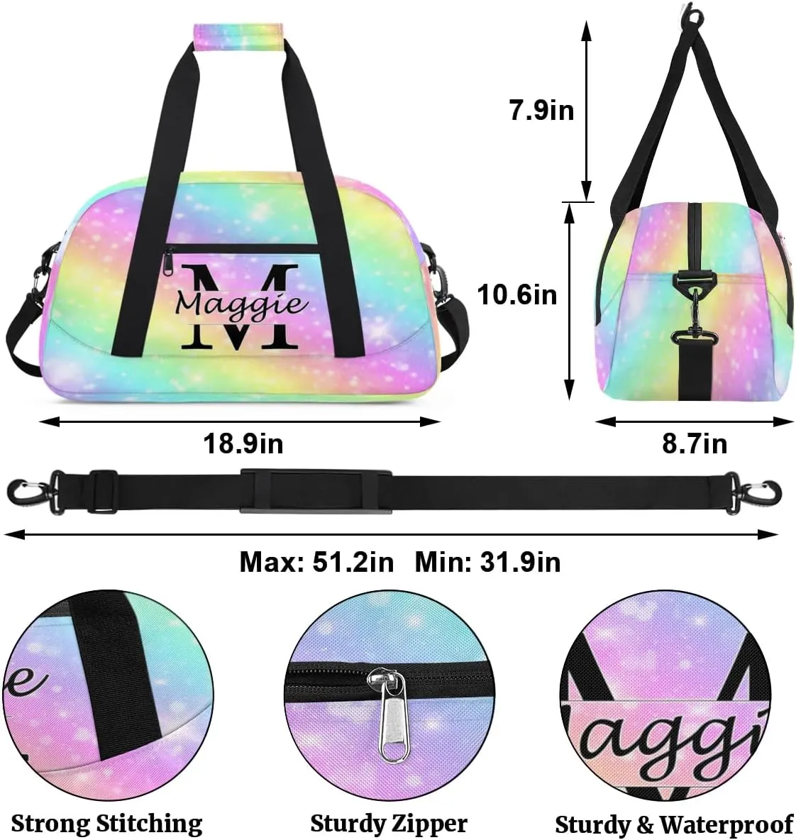 Personalized Initial Name Duffel Bags, Cusotmized Monogrammed Sports Gym Bag Custom Travel Overnight Weekender Bag for Women Men with Name, Custom Gifts, Glitter Rainbow Print