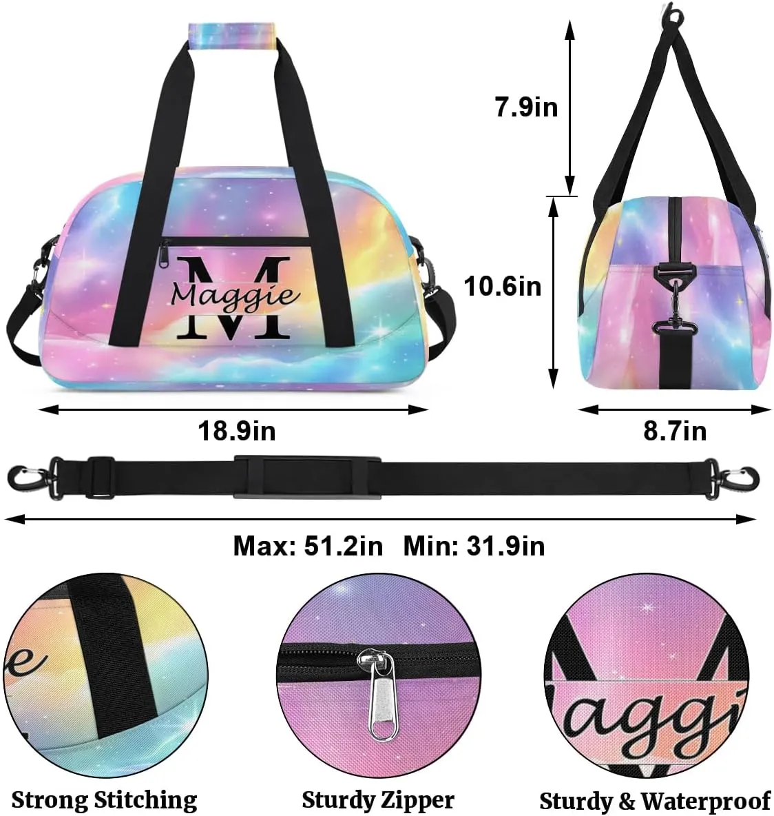 Personalized Initial Name Duffel Bags, Cusotmized Monogrammed Sports Gym Bag Custom Travel Overnight Weekender Bag for Women Men with Name, Custom Gifts, Glitter