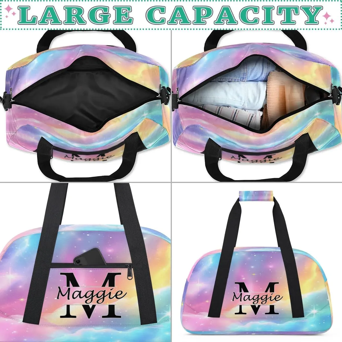Personalized Initial Name Duffel Bags, Cusotmized Monogrammed Sports Gym Bag Custom Travel Overnight Weekender Bag for Women Men with Name, Custom Gifts, Glitter