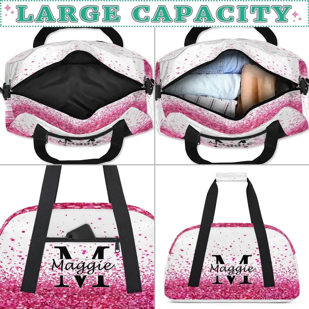Personalized Initial Name Duffel Bags, Cusotmized Monogrammed Sports Gym Bag Custom Travel Overnight Weekender Bag for Women Men with Name, Custom Gifts, Sparkle