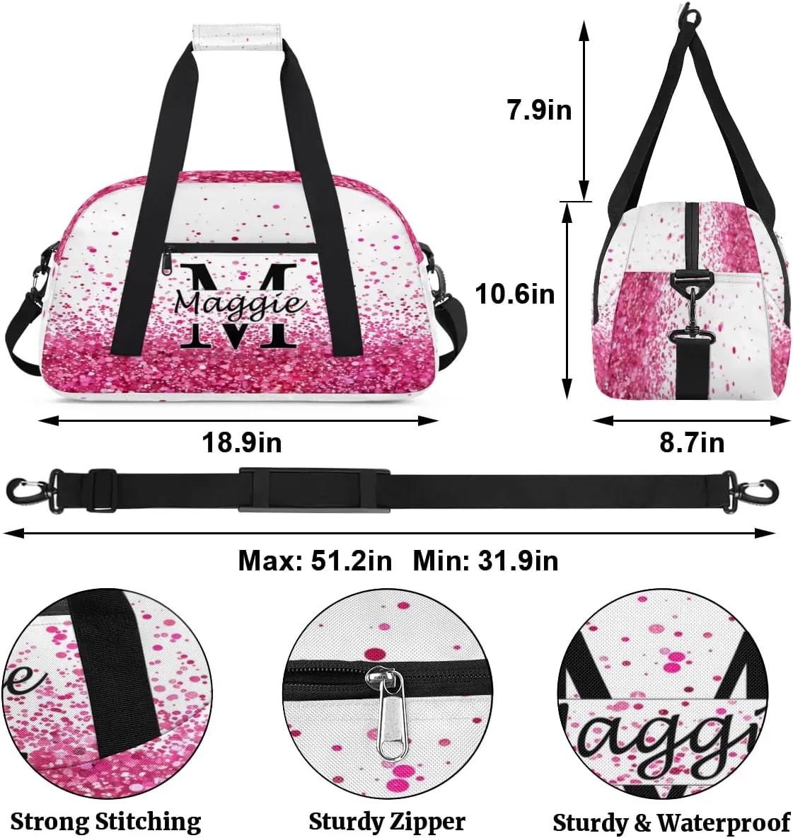 Personalized Initial Name Duffel Bags, Cusotmized Monogrammed Sports Gym Bag Custom Travel Overnight Weekender Bag for Women Men with Name, Custom Gifts, Sparkle