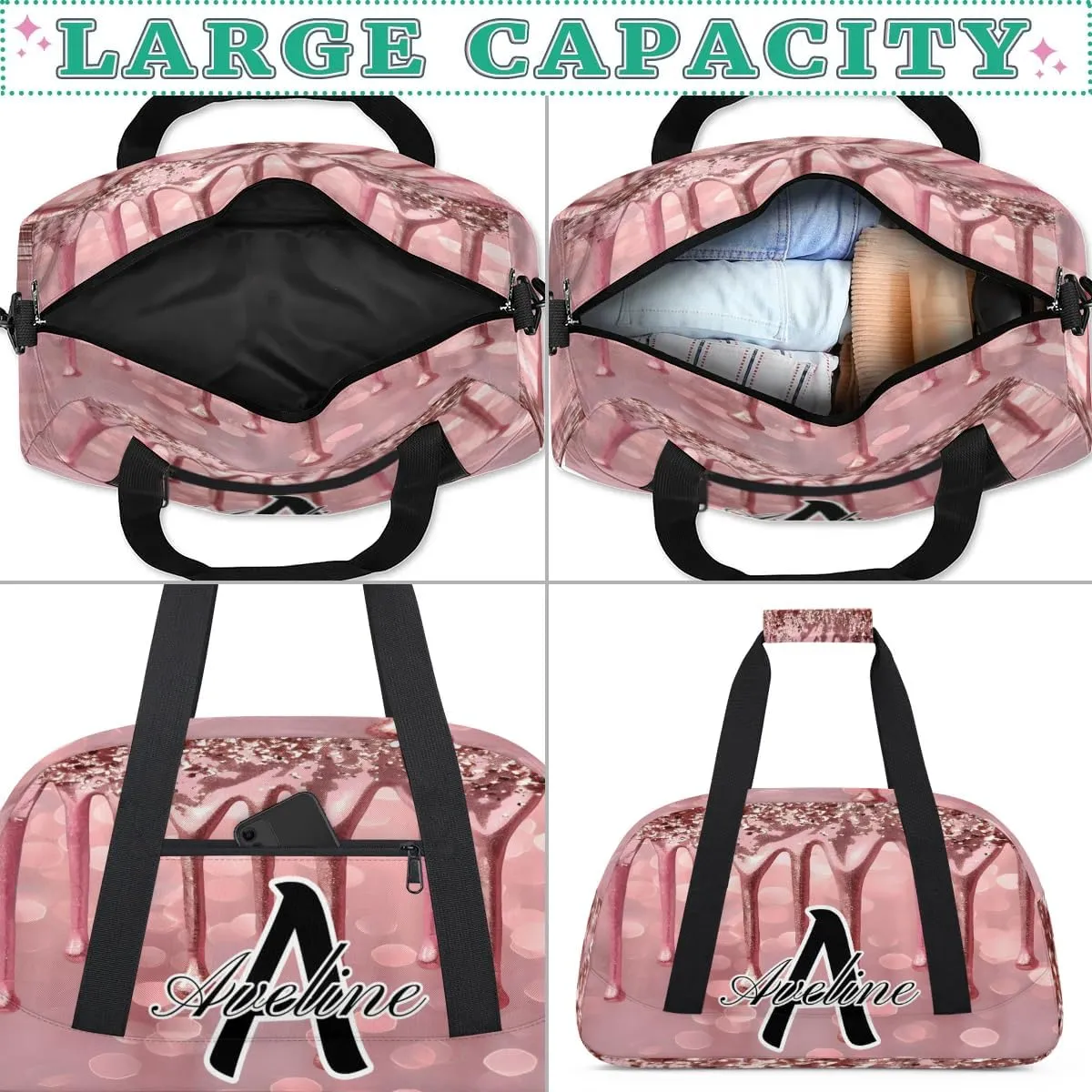 Personalized Initial Name Duffel Bags, Custom Travel Overnight Weekender Bag for Women Men with Name, Cusotmized Monogrammed Sports Gym Bag Custom Gifts, Fluids Glitter
