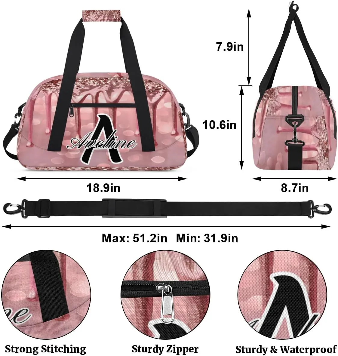 Personalized Initial Name Duffel Bags, Custom Travel Overnight Weekender Bag for Women Men with Name, Cusotmized Monogrammed Sports Gym Bag Custom Gifts, Fluids Glitter
