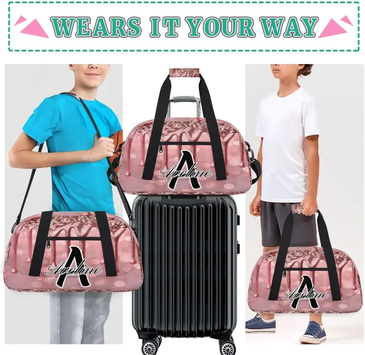 Personalized Initial Name Duffel Bags, Custom Travel Overnight Weekender Bag for Women Men with Name, Cusotmized Monogrammed Sports Gym Bag Custom Gifts, Fluids Glitter