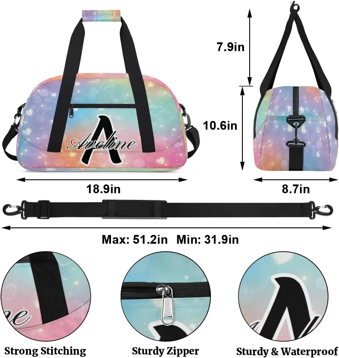 Personalized Initial Name Duffel Bags, Custom Travel Overnight Weekender Bag for Women Men with Name, Cusotmized Monogrammed Sports Gym Bag Custom Gifts, Gorgeous Glitter