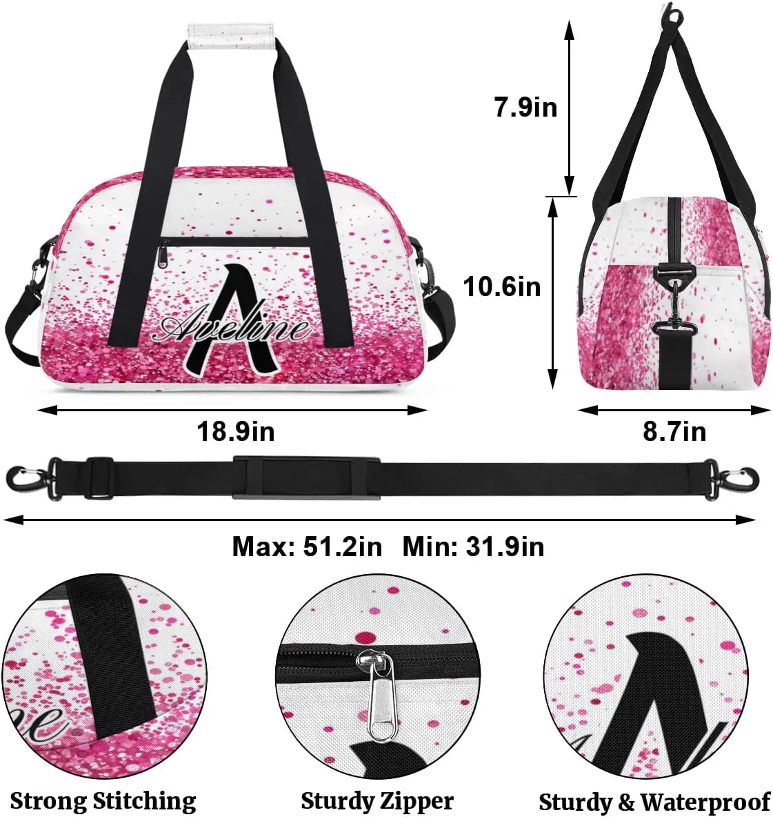 Personalized Initial Name Duffel Bags, Custom Travel Overnight Weekender Bag for Women Men with Name, Cusotmized Monogrammed Sports Gym Bag Custom Gifts, Sparkle