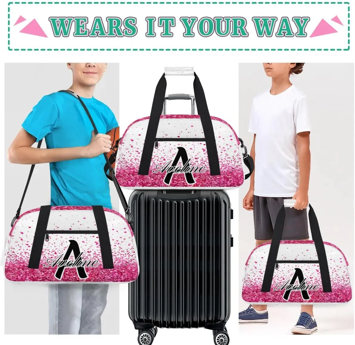 Personalized Initial Name Duffel Bags, Custom Travel Overnight Weekender Bag for Women Men with Name, Cusotmized Monogrammed Sports Gym Bag Custom Gifts, Sparkle