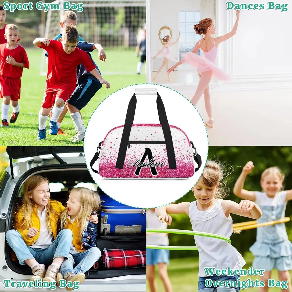Personalized Initial Name Duffel Bags, Custom Travel Overnight Weekender Bag for Women Men with Name, Cusotmized Monogrammed Sports Gym Bag Custom Gifts, Sparkle