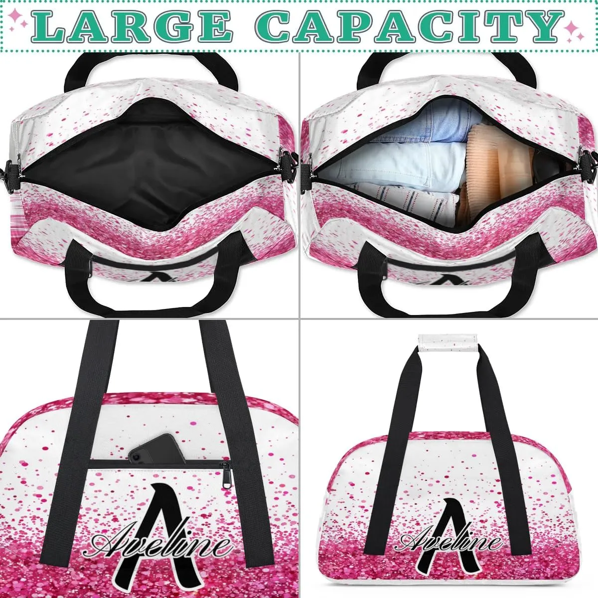 Personalized Initial Name Duffel Bags, Custom Travel Overnight Weekender Bag for Women Men with Name, Cusotmized Monogrammed Sports Gym Bag Custom Gifts, Sparkle