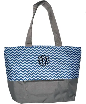 Personalized Monogrammed XL Beach Tote Chevron Print Bag with Mesh Webbed Handles and Outer Zippered Pocket