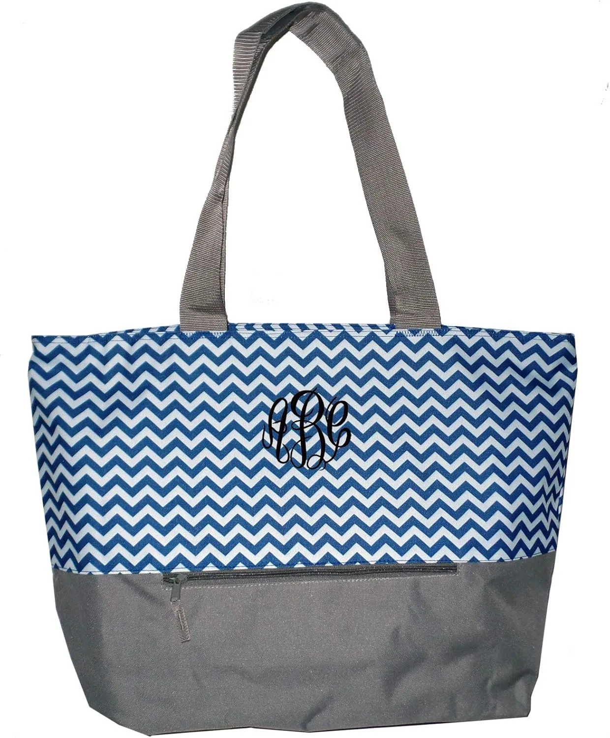 Personalized Monogrammed XL Beach Tote Chevron Print Bag with Mesh Webbed Handles and Outer Zippered Pocket
