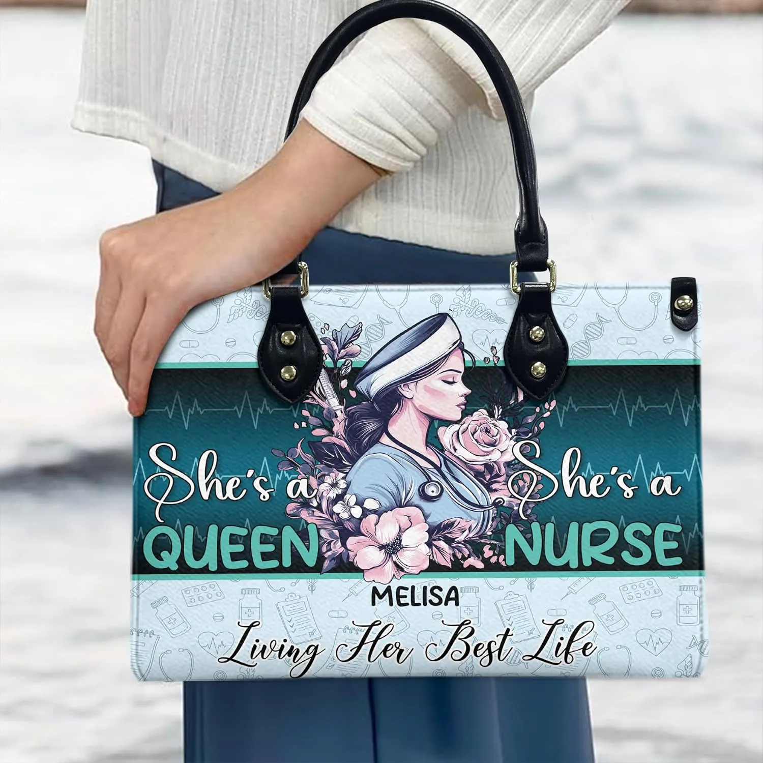 Personalized Nurse Leather Handbags, Gift For Nurses, Afro Nurse Bags Nursing Tote Bag Custom Gift, Leather Handbag with Ziplock Gift for Her (07)