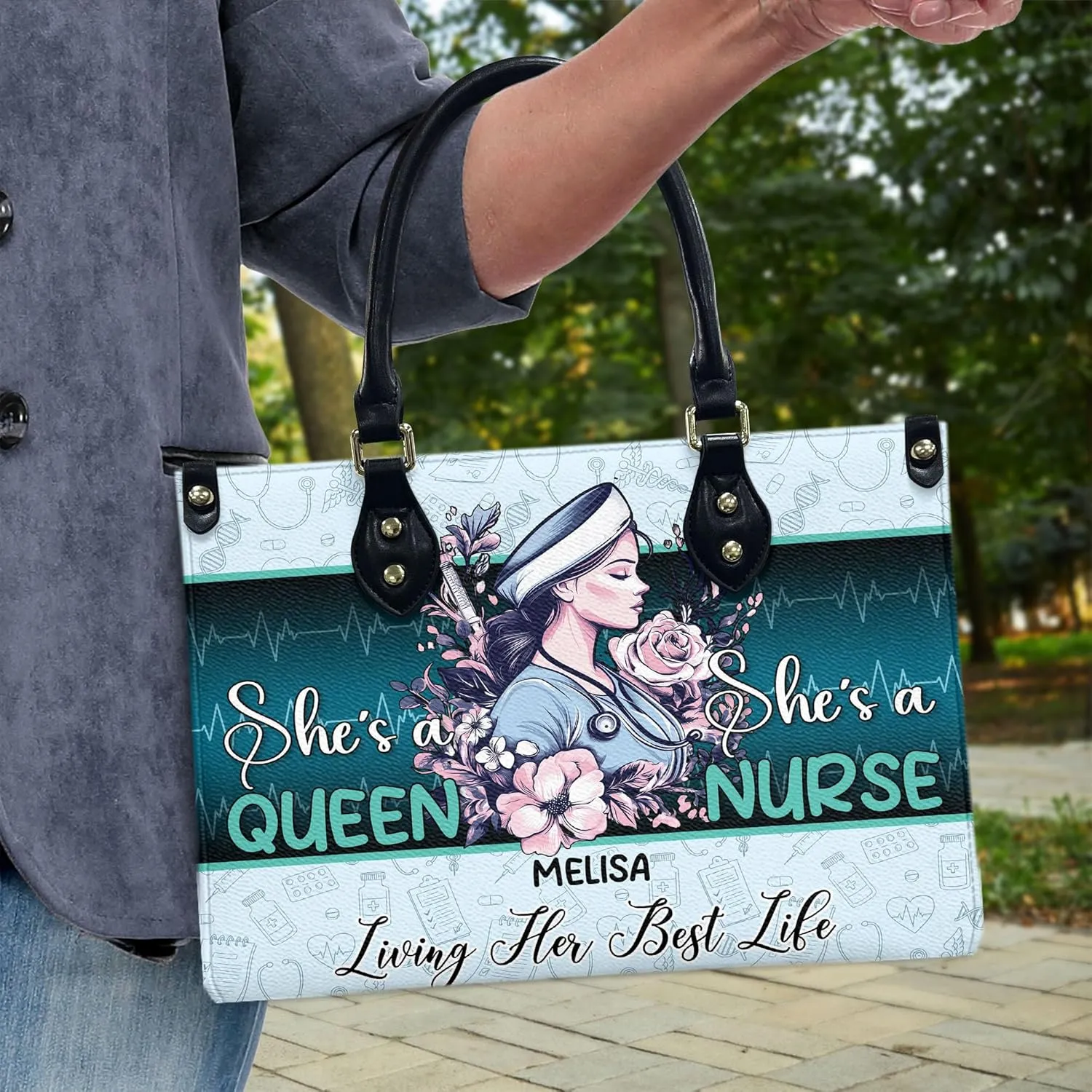 Personalized Nurse Leather Handbags, Gift For Nurses, Afro Nurse Bags Nursing Tote Bag Custom Gift, Leather Handbag with Ziplock Gift for Her (07)
