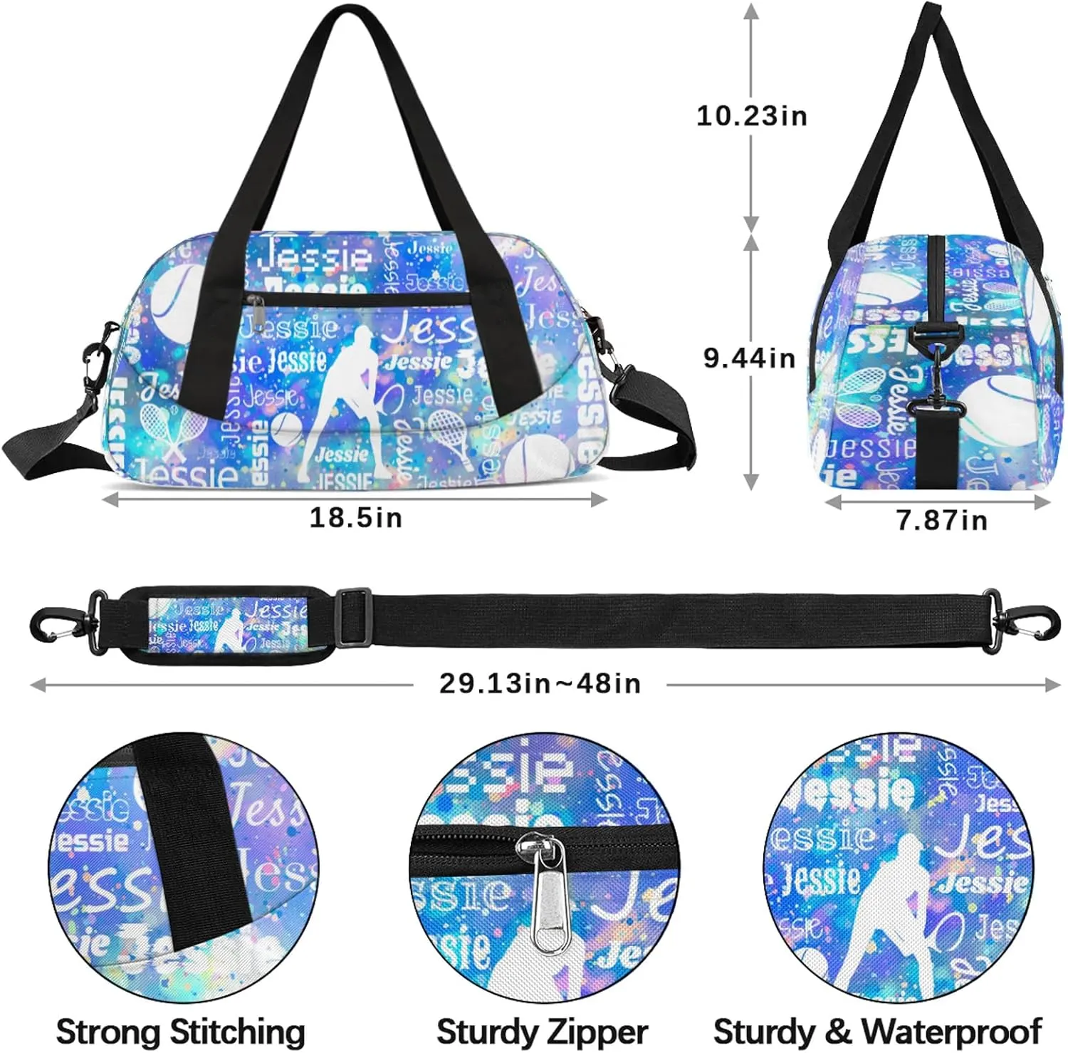 Personalized Tennis Sport Duffel Bag Custom Sports Bag Travel Overnight Shoulder Bags Customized Gifts for Women Men, Blue