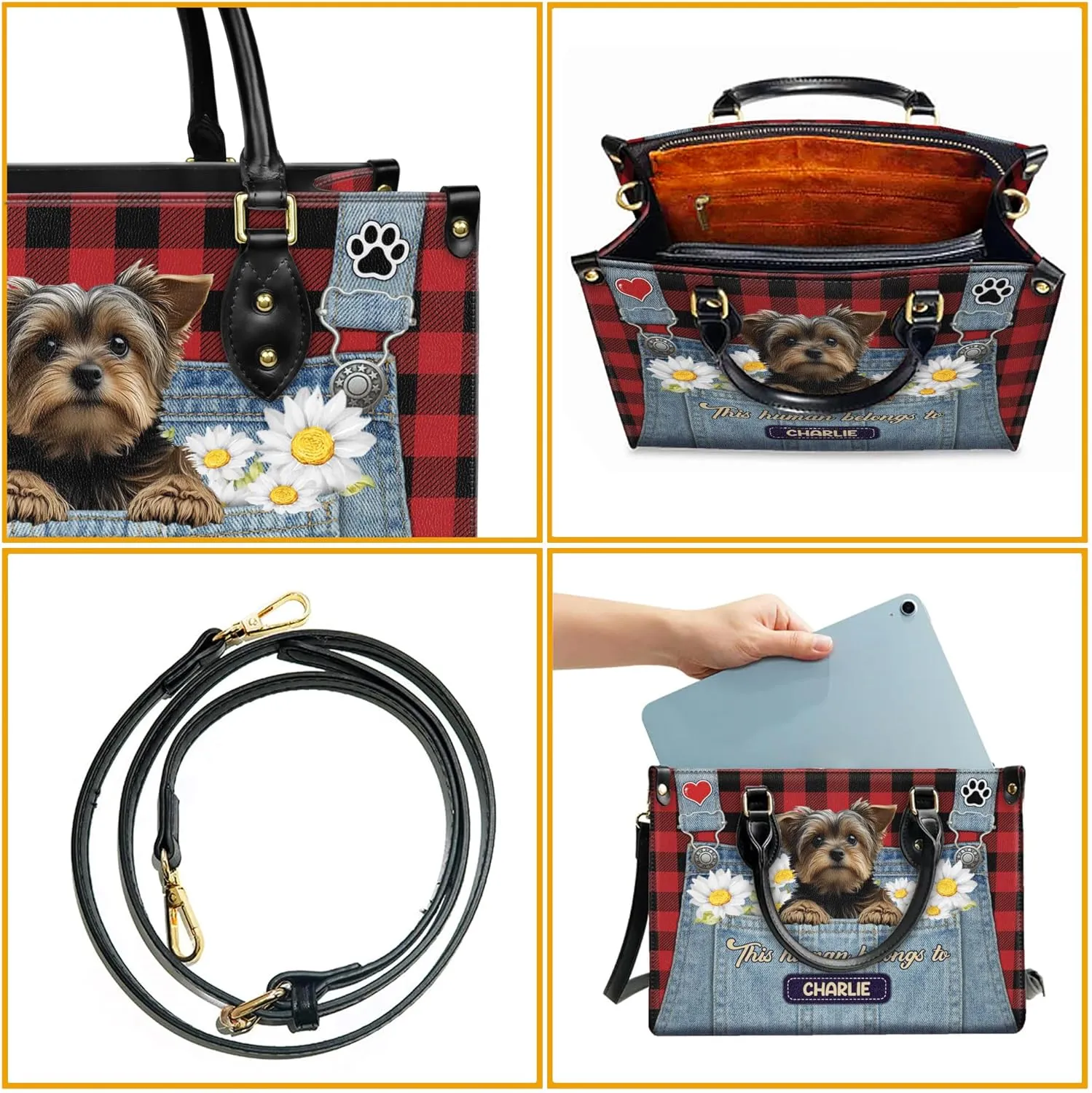 Personalized Yorkshire Terrier Dog Handbags, Custom Name Dog Leather Bags, Purses, Shoulder Bag, Gift For Dog Mom Dog Lover